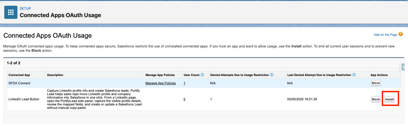 Salesforce Connected Apps OAuth Usage page showing the Install action for LinkedIn Lead Button